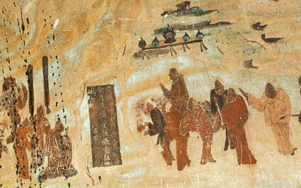 Zhang Qian prenant congé de l’empereur Wudi, pour son expédition en Asie centrale de -139 à -126, peinture murale des grottes de Mogao, 618-712. (Domaine public)
