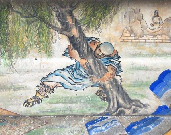 Fresque murale du XIXe siècle représentant Lu Zhishen déracinant un arbre, tirée du roman Au bord de l’eau, également appelé Le Récit des berges, a été écrit au XIVe siècle par Shi Nai’an (Shī Nài Ān). Le cœur de l’intrigue repose sur les exploits de brigands justiciers, qui vivent pendant la dynastie Song. (Shizhao/Wikipédia)