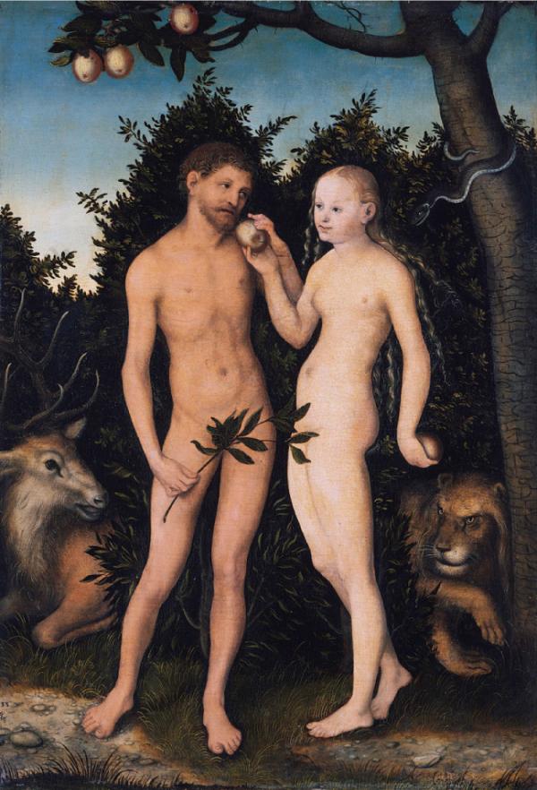 Adam et Ève au paradis (La chute), Ève donne à Adam le fruit défendu, par Lucas Cranach l'Ancien, 1533 (Photo : Wikimedia Commons)