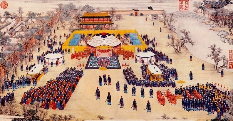 A Victory Banquet Given by the Emperor for the Distinguished Officers and Soldiers of the Rebellion of Huibu (1758-1759). Jesuit painter Giuseppe Castiglione collaborated with Qing artists in producing these engravings (Image: Shenyunperformingarts.org)