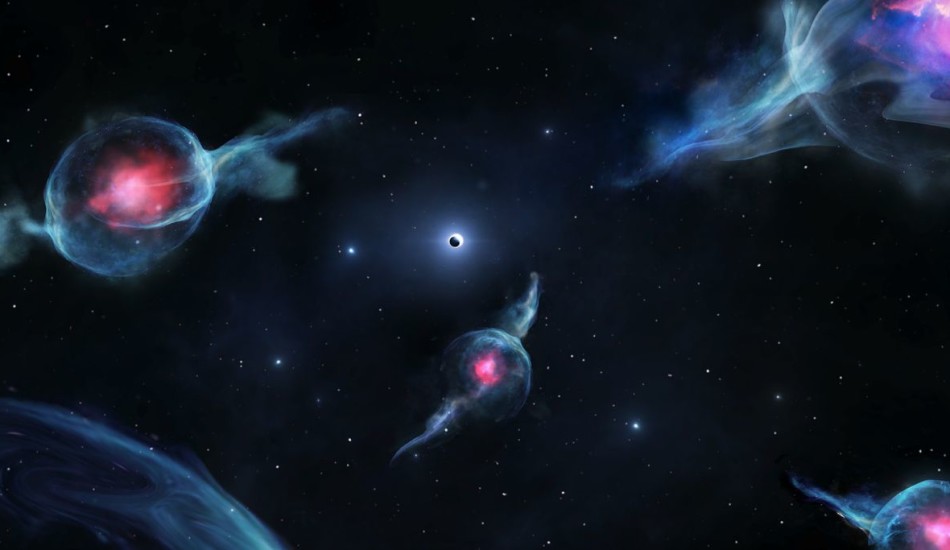 Impression d'artiste des objets G, avec les centres rougeâtres, orbitant autour du trou noir supermassif au centre de notre galaxie. Le trou noir est représenté comme une sphère sombre à l'intérieur d'un anneau blanc (au-dessus du milieu du rendu). (Image: Jack Ciurlo)