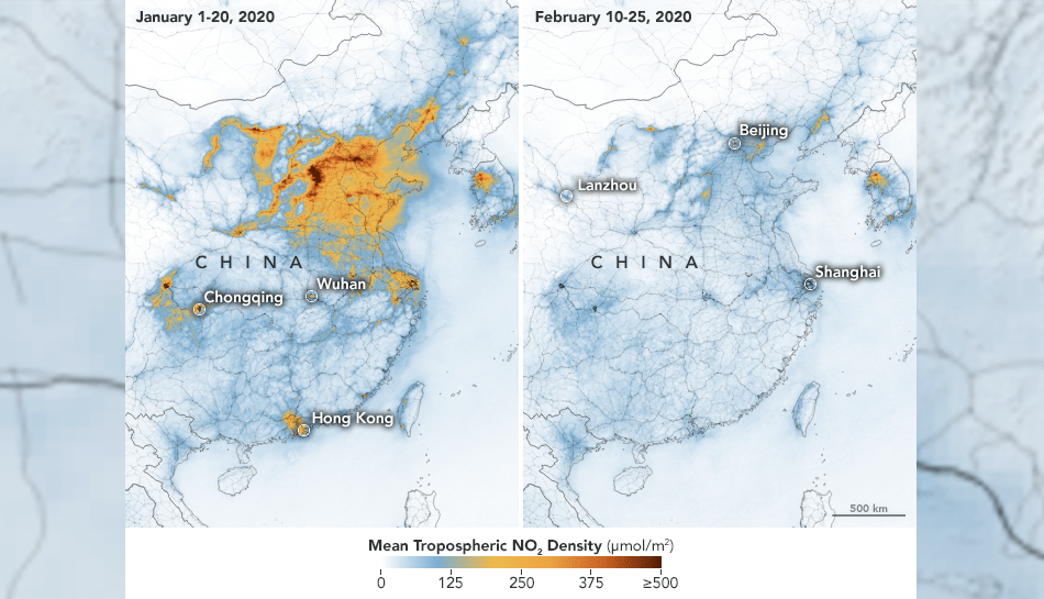 Les images satellites prises au-dessus de la Chine montrent une baisse considérable du niveau de dioxyde d’azote (NO2), par rapport à début janvier. (Image : NASA Earth Observatory)