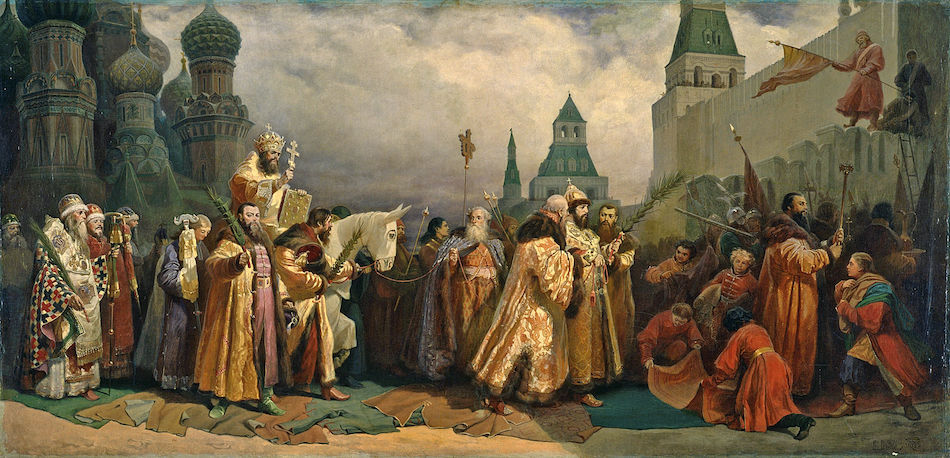 Célébration de la fête des Rameaux à Moscou (1865). Selon le calendrier liturgique, le dimanche des rameaux précède le Dimanche de Pâques et marque le début de la semaine sainte. (Image : wikimedia / Vyacheslav Schwarz / Domaine public)