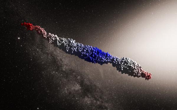 Un objet de type «’Oumuamua» produit par une simulation du scénario de fragmentation due à la force de marées, proposé par Yun Zhang et Douglas N.C. Lin. (Image : NAOC / Y. Zhang / background / ESO / M. Kornmesser)