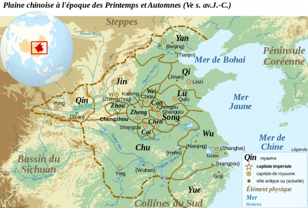 Les sept Royaumes combattants ou sept royaumes(戰國七雄) font référence aux sept principaux royaumes de la période des Royaumes combattants (c. 475 à 221 av. J.-C.) de la Chine ancienne. Ces royaumes sont : Qin (秦), Qi(齊 / 齐), Chu (楚), Yan (燕), Han (韓 / 韩), Zhao(趙 / 赵), Wei (魏).(Royaumes principaux à la fin de la période des Printemps et des Automnes. Le tracé des frontières est discuté et approximatif). (Image : wikimedia / Zunkir / CC BY-SA)