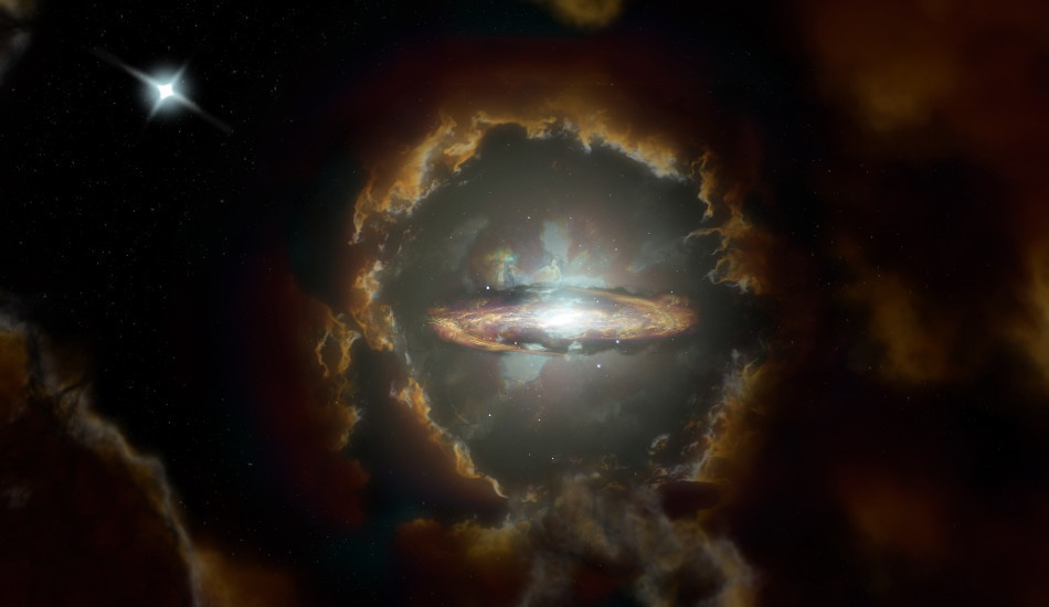 Impression d’artiste du disque de Wolfe, une galaxie à disque rotatif massive dans le premier univers poussiéreux. La galaxie a été découverte initialement lorsque ALMA a examiné la lumière d’un quasar plus éloigné (en haut à gauche). (Image : NRAO / AUI / NSF, S. Dagnello)