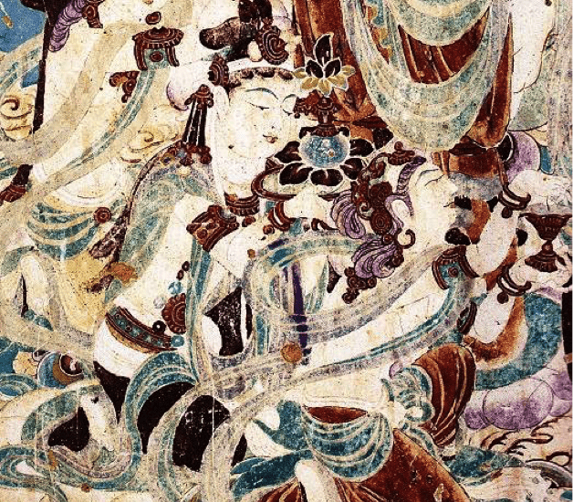 Détails de la peinture murale : Vimalakirti débattant avec le bodhisattva Manjusri, Grottes de Mogao. (Image : wikimedia / CC0 1.0)