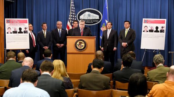 Lors d’une conférence de presse tenue le 10 février 2020, le procureur général William P. Barr, a annoncé qu’un grand jury fédéral d’Atlanta avait rendu un acte d’accusation contre quatre membres de l’Armée populaire de libération de la Chine (APL). (Image : FBI)