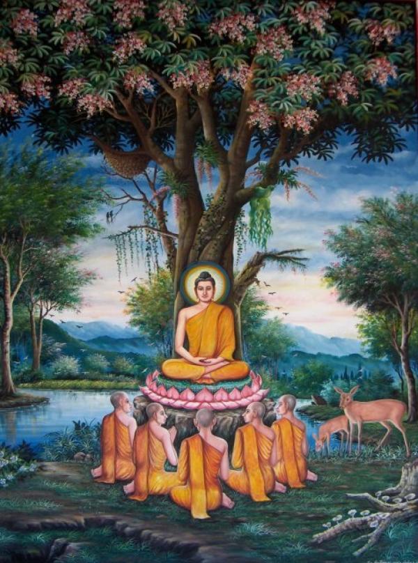Le Bouddha prononçant le discours de Vârânasî sur les Quatre nobles vérités, pour ses anciens condisciples, à la suite de son éveil. (Image : wikimedia / CC-BY-SA-3.0)