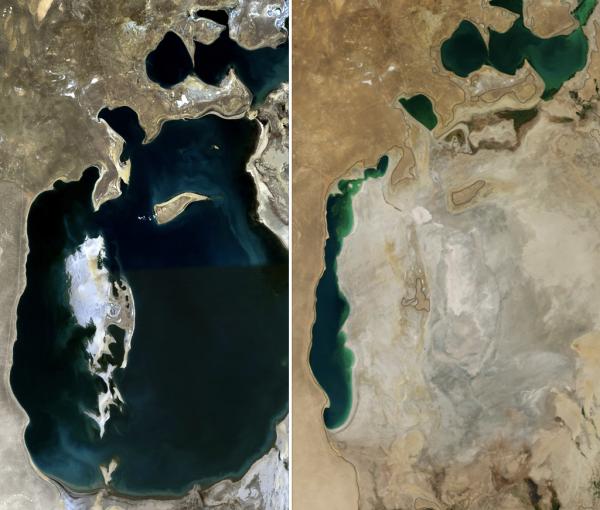 La mer d’Aral asséchée en quelques dizaines d’années. (Image : Wikimedia / NASA. Collage by Producercunningham / Domaine public)