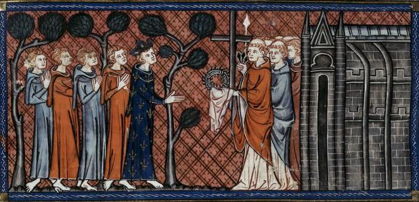 Saint Louis IX de France recevant la couronne d’épines, la Sainte Lance, la Vraie Croix et d’autres reliques de Constantinople. (Image : Chroniques de Saint-Denis / Domaine public)