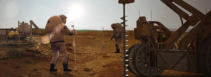 Représentation artistique d’astronautes en train de forer pour trouver de l’eau sur Mars lors d’une mission future sur la planète rouge. (Image : NASA Langley Advanced Concepts Lab / Analytical Mechanics Associates)