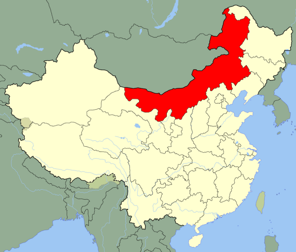 Carte indiquant la localisation de la Mongolie-Intérieure (en rouge) à l’intérieur de la Chine. (Image : Wikimedia / Joowwww / Domaine public)