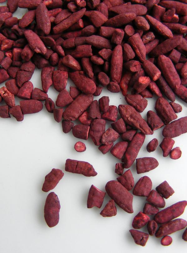 La levure de riz rouge est issue d’un champignon microscopique, le Monascus purpureus, qui produit sur le riz un pigment rouge caractéristique. (Image : Wikimedia / FotoosVanRobin / CC BY-SA 2.0)