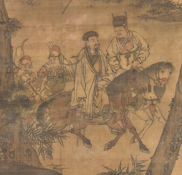 Le tableau Kongming quittant les montagnes (dynastie Ming), représentant Zhuge Liang (à gauche) quittant sa retraite rustique pour entrer au service de Liu Bei (à droite). (Image : Wikimedia / CC0 1.0)