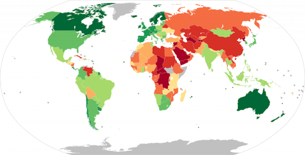 Carte de l’indice de démocratie par l’Economist Intelligence Unit de 2019 : plus le pays est vert, plus il est considéré démocratique. (Image : wikimedia / Original world map made by CanuckGuy / CC BY-SA 4.0)