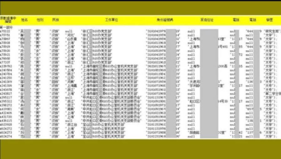 À partir de la liste de 1,95 million de membres du PCC à Shanghai qui a fait l’objet d’une fuite, Epoch Times a recherché et compilé une liste des membres du Parti des bureaux 610 de tous les niveaux à Shanghai. Voici une capture d’écran de la liste des membres du parti dans les bureaux « 610 » de Shanghai. (Image : Epoch Média Group)
