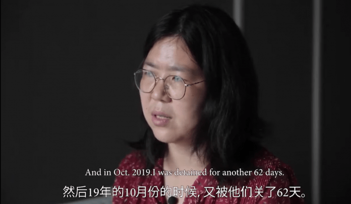 Zhang Zhan a été arrêtée en mars 2020 et condamnée à quatre ans de prison le 28 décembre, pour ses reportages sur l’épidémie de Covid-19 à Wuhan. (Image : Capture d’écran / YouTube)