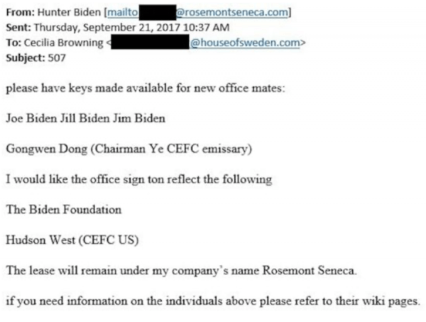 Dans ce courriel adressé à Cecilia Browning, Hunter Biden a demandé les clés de ses collègues de bureau, dont son père Joe et un émissaire du conglomérat chinois CEFC Gongwen Dong. 