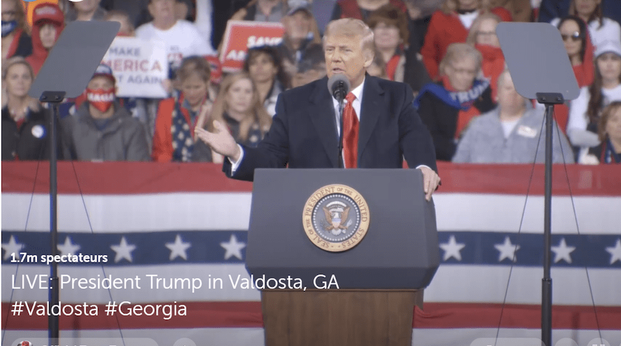 Le 5 décembre 2020, le président Trump a prononcé son premier discours public depuis l'élection, lors d'un rassemblement pour soutenir deux candidats au sénat américain, en Géorgie. (Image : Capture d’écran / Periscope)