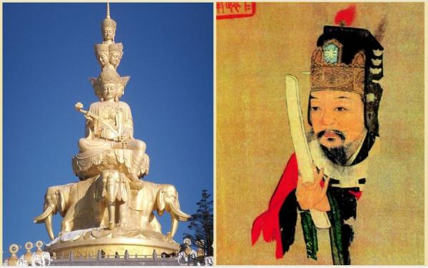 A gauche : Le grand bodhisattva Samantabhadra assis sur des éléphants et muni d’un ruyi. (Image : wikimedia / CC 3.0) A droite : Fan Zhongyan (989-1052) , premier ministre chinois de la dynastie Song, qui tenait un hu dans les mains. (Image : wikimedia / CC BY-SA 3.0)